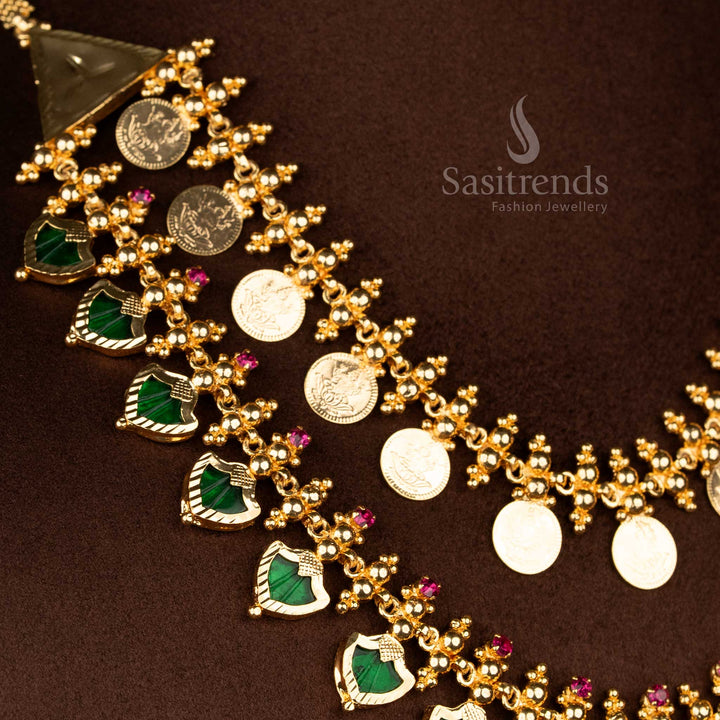 Sasitrends traditional South Indian green palakka Lakshmi coin double layer necklace featuring AD stones and elegant Kerala festive jewellery look