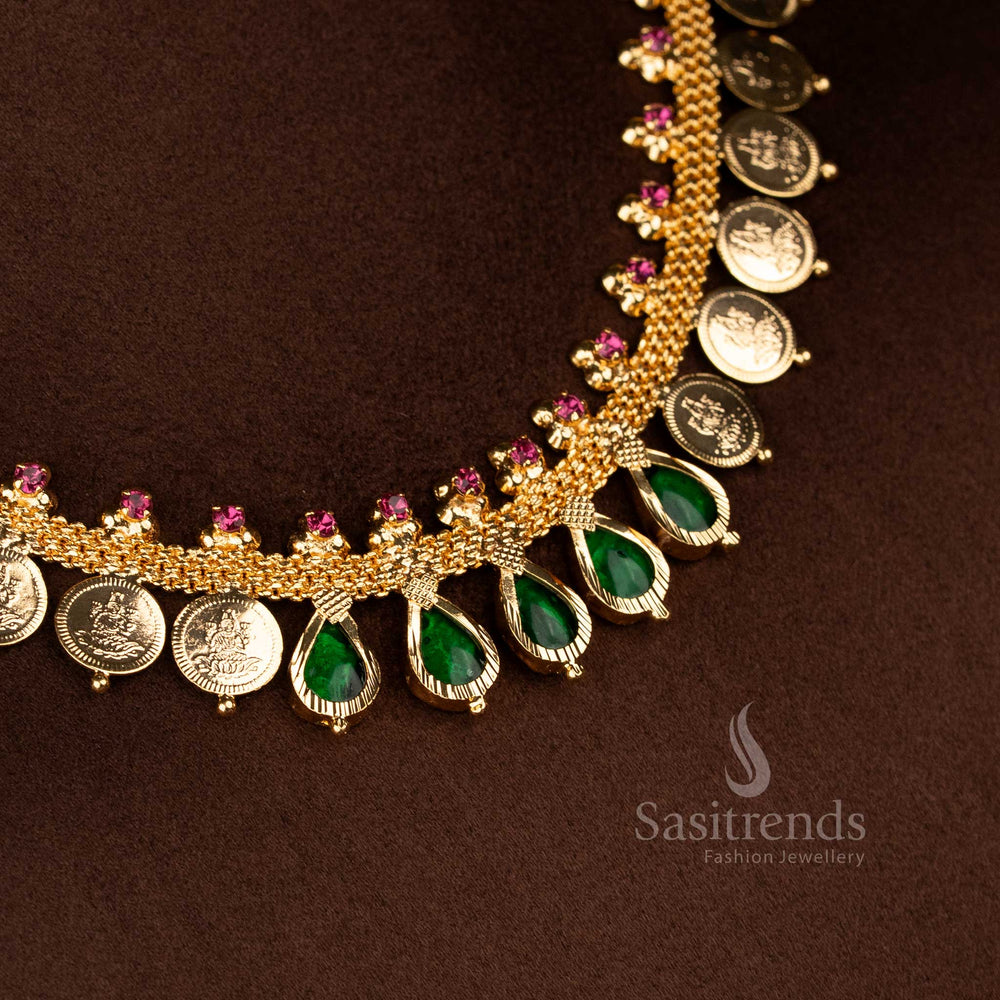 Sasitrends Kerala traditional teardrop green palakka design necklace featuring Lakshmi coin motifs and real gold look finish
