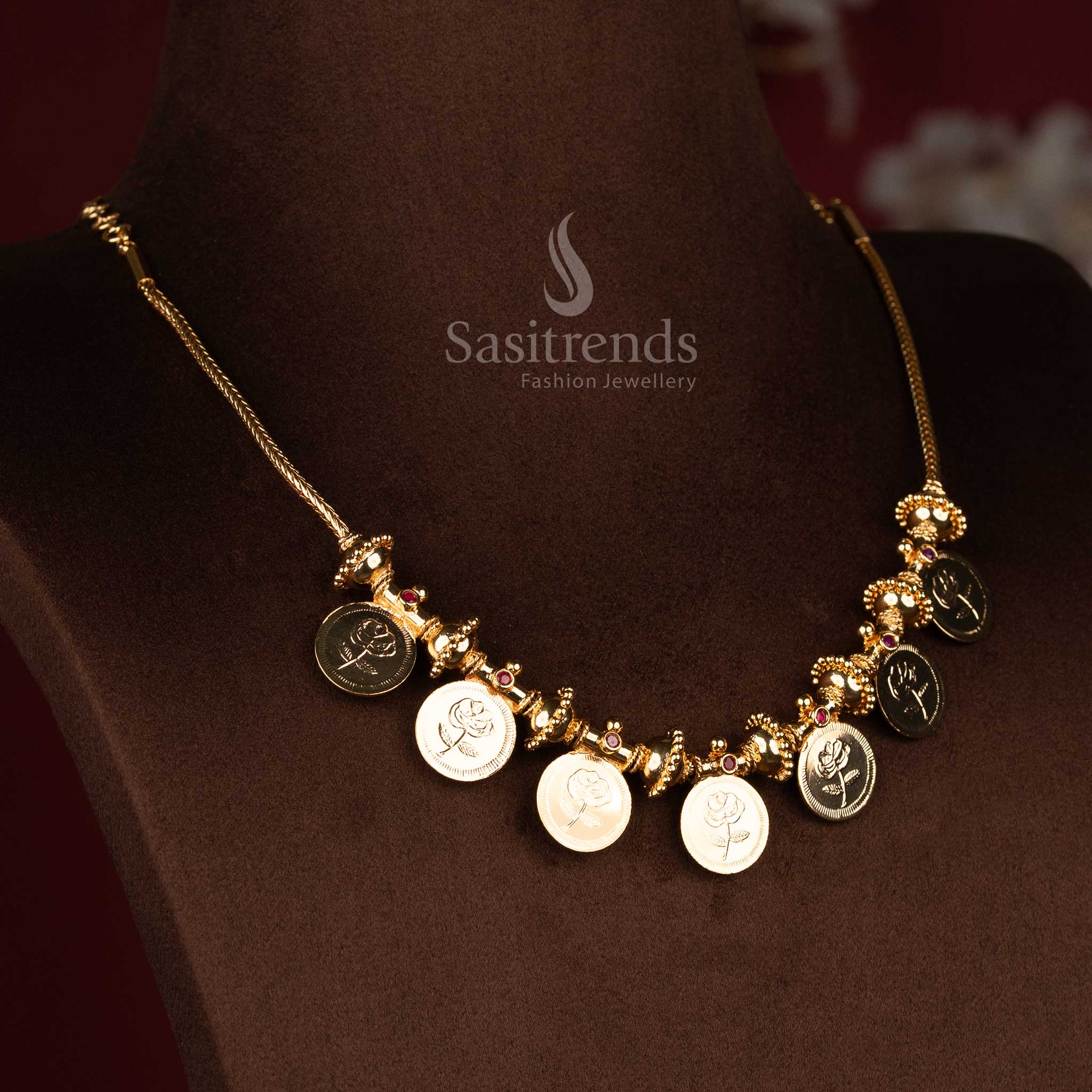 Sasitrends Kerala traditional flower coin rose motif necklace with AD stone accents and elegant real gold look design