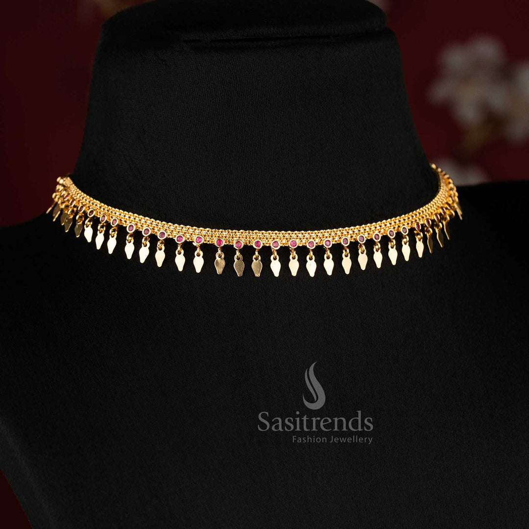 Sasitrends 24K micro gold plated Kerala traditional choker necklace with stone border and hanging Elakka leaf drop design