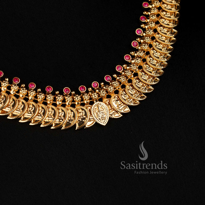 Sasitrends Lakshmi Mango short and long necklace jewellery set featuring detailed temple motifs and AD Stone embellishments 