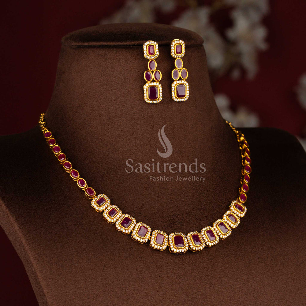 Sasitrends latest matte gold plated white ruby American diamond peacock choker necklace jewellery set featuring detailed peacock motifs and radiant stone setting for grand festive and party occasions