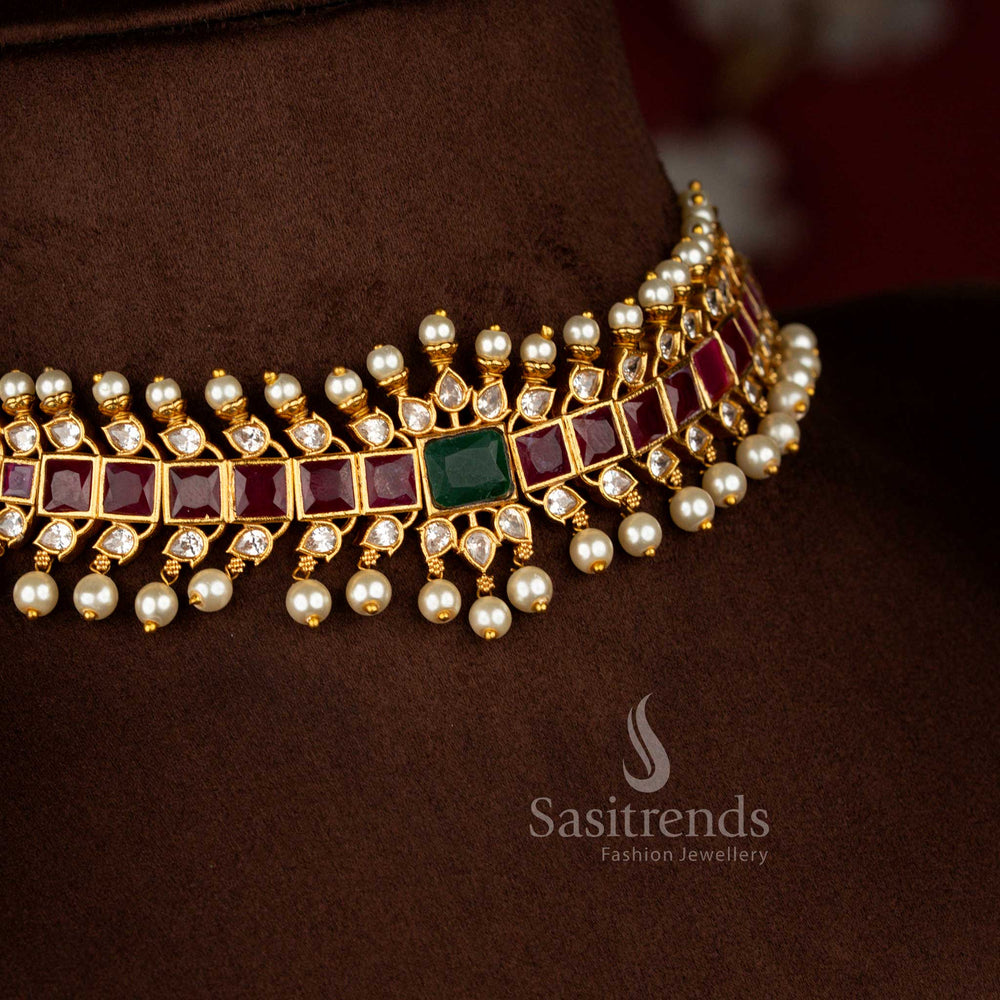 Latest wedding wear temple matte gold choker necklace set by Sasitrends designed with detailed square patterns, sparkling American Diamond stones and pearl accents for rich bridal styling.