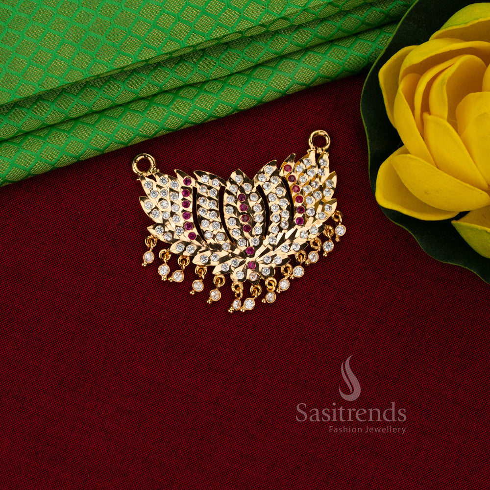 Sasitrends layered lotus petal impon addigai One Gram Micro Gold Plated white ruby AD stone pendant with dense hanging drops