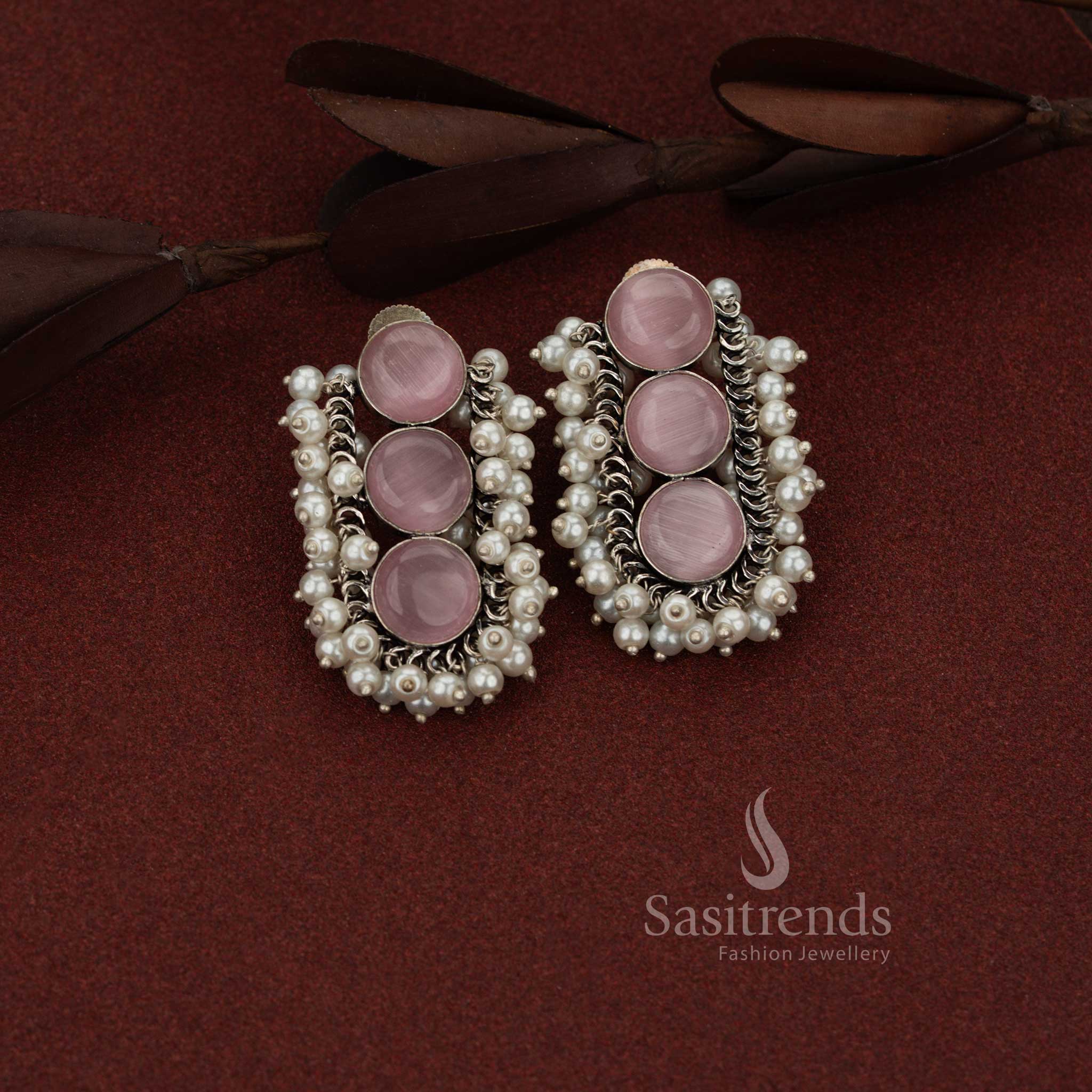 Sasitrends linear design oxidised silver stud pink earrings featuring U-cut form with triple stone and pearl arrangement