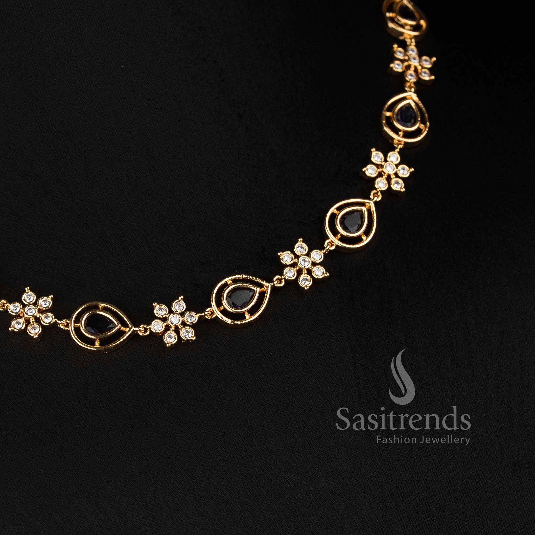 Sasitrends long Impon Addigai AD stone pear shaped floral micro gold necklace