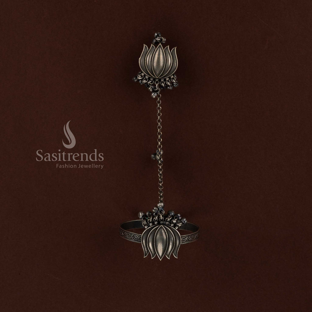 Sasitrends premium lotus oxidised ethnic finger ring and kada bracelet jewellery set crafted with traditional artistry perfect for Navarathri festival styling, cultural celebrations and heritage inspired outfits