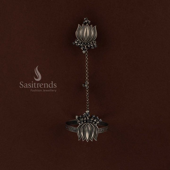 Sasitrends premium lotus oxidised ethnic finger ring and kada bracelet jewellery set crafted with traditional artistry perfect for Navarathri festival styling, cultural celebrations and heritage inspired outfits