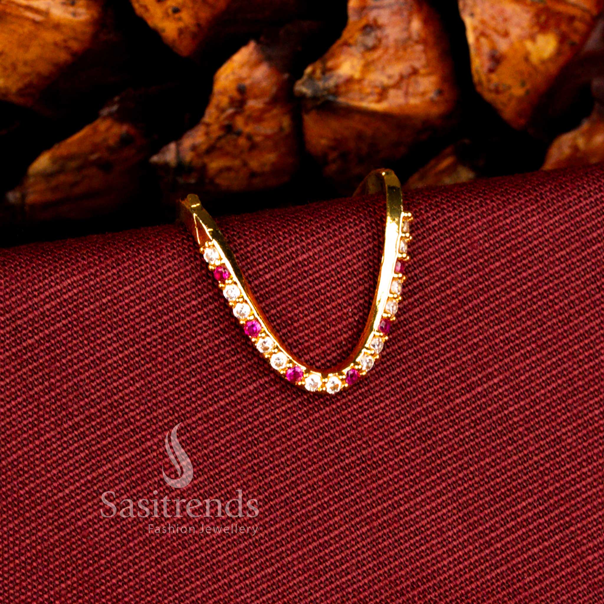 Sasitrends luxury 24K micro gold plated white ruby AD ring designed with a sculpted curved arc silhouette and precision stone detailing offering a guaranteed real gold finish appearance.