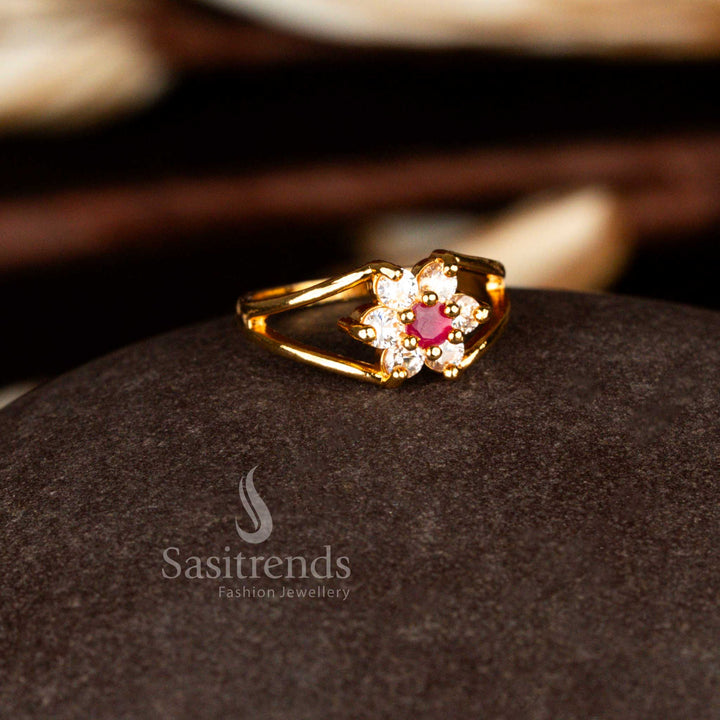 Sasitrends luxury 24K micro gold plated white ruby AD floral statement ring crafted with clustered stones and an elegant double split band offering a guaranteed real gold appearance.