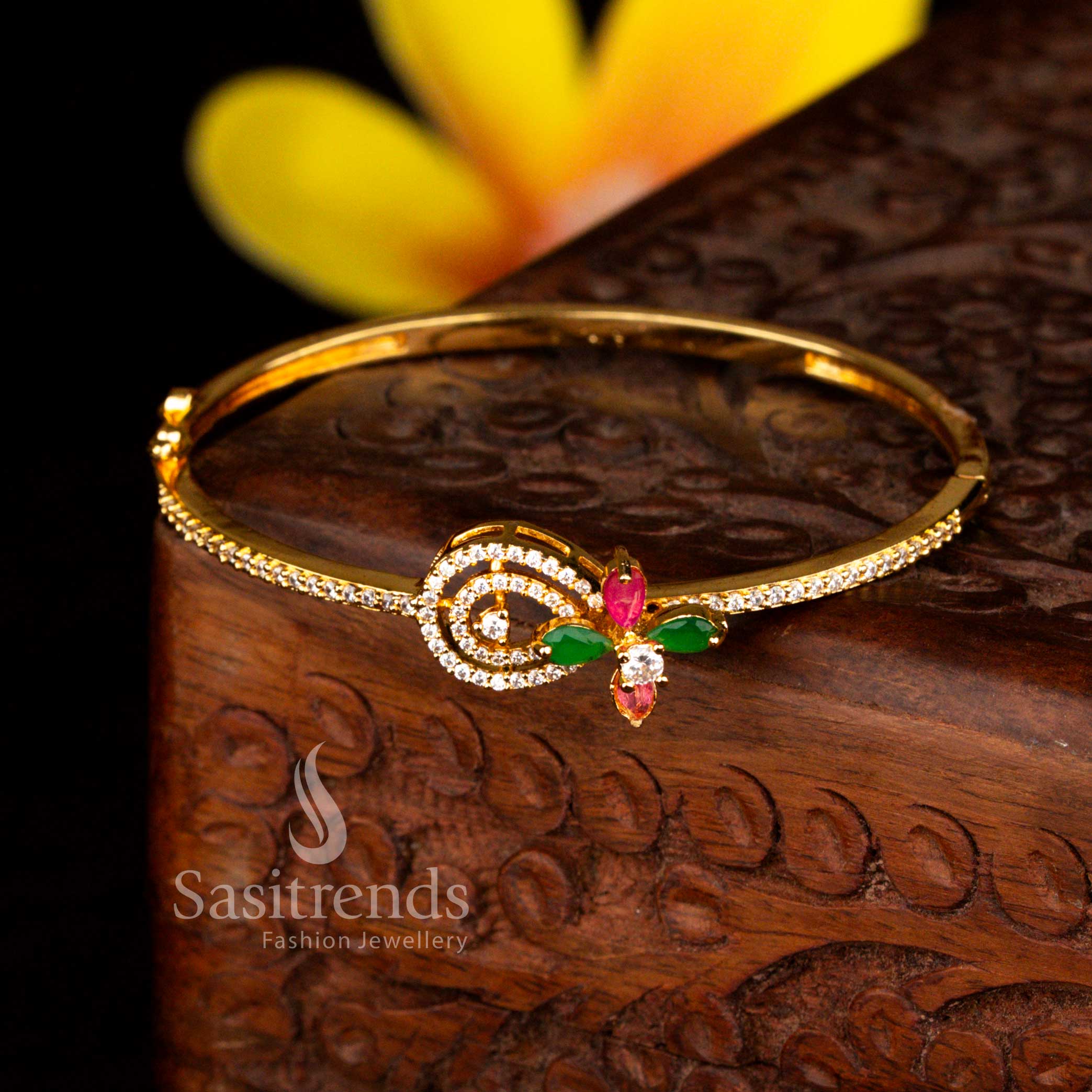 Sasitrends luxury finish micro gold plated swirl motif floral accent multi American diamond openable kada bracelet designed with refined craftsmanship and elegant celebration styling.