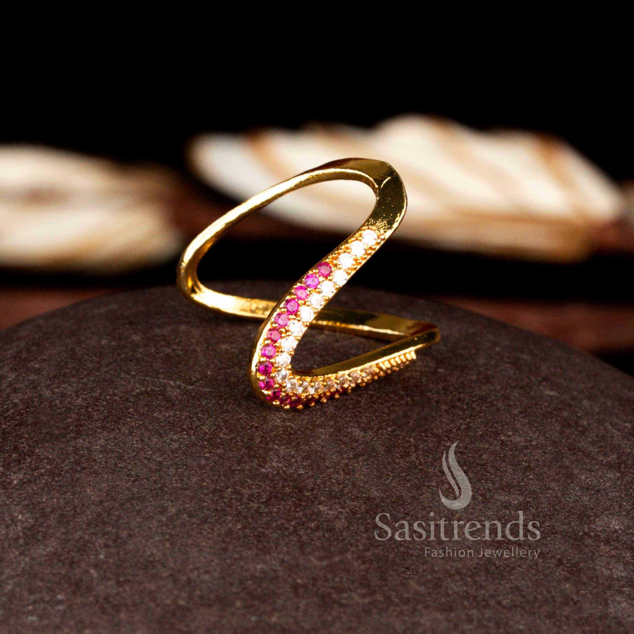 Sasitrends luxury micro gold plated white ruby AD curved arc fashion ring designed with a bold U-shaped silhouette and precision stone detailing offering a refined celebration look.
