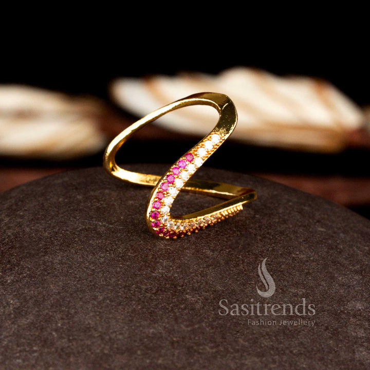 Sasitrends luxury micro gold plated white ruby AD curved arc fashion ring designed with a bold U-shaped silhouette and precision stone detailing offering a refined celebration look.