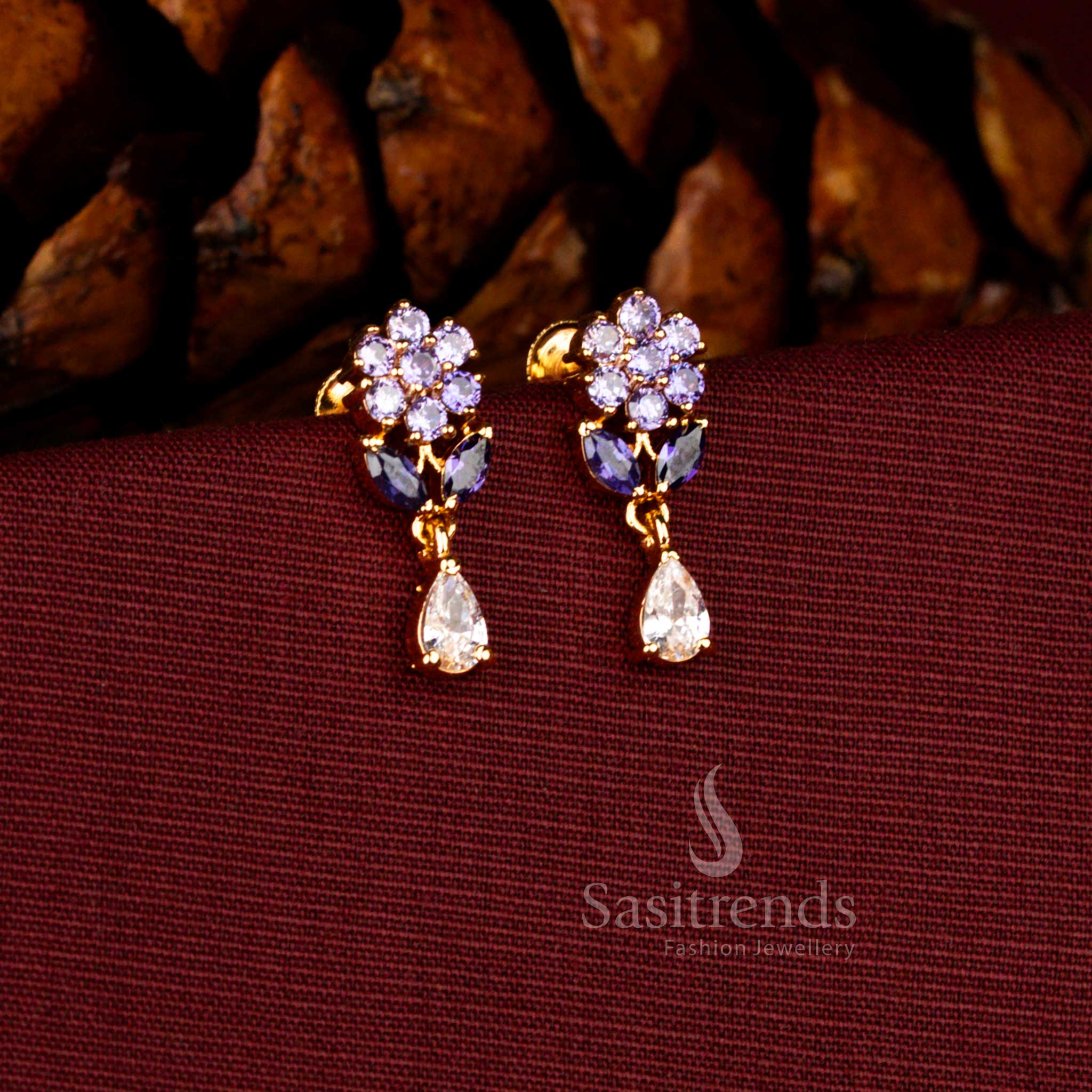 Sasitrends luxury micro gold plated pearl cluster dangler earrings featuring a brilliant teardrop purple white AD stone stud and 1 gram jewellery craftsmanship ideal for festive and wedding celebrations.