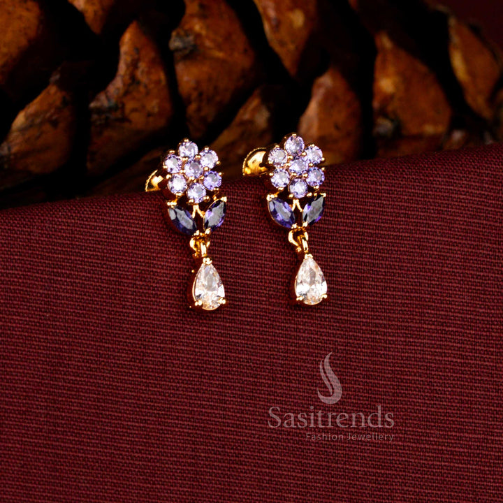 Sasitrends luxury micro gold plated pearl cluster dangler earrings featuring a brilliant teardrop purple white AD stone stud and 1 gram jewellery craftsmanship ideal for festive and wedding celebrations.