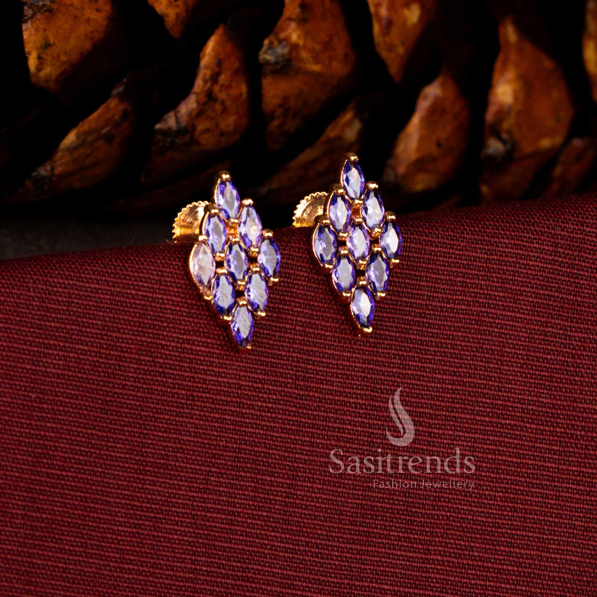 Sasitrends luxury micro gold plated purple American diamond rhombus earrings featuring a radiant 24K gold lustre polish and elegant geometric styling for festive and evening wear.
