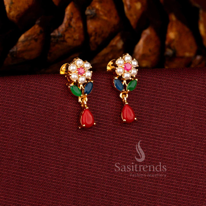 Sasitrends luxury micro gold plated pearl floral dangler earrings designed in premium 1 gram jewellery quality with a teardrop multi AD stone stud giving a true real gold look appeal.