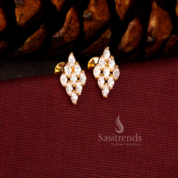 Sasitrends luxury micro gold plated white American diamond rhombus earrings featuring a guaranteed 24K gold shine and elegant geometric silhouette perfect for grand occasions and evening events.
