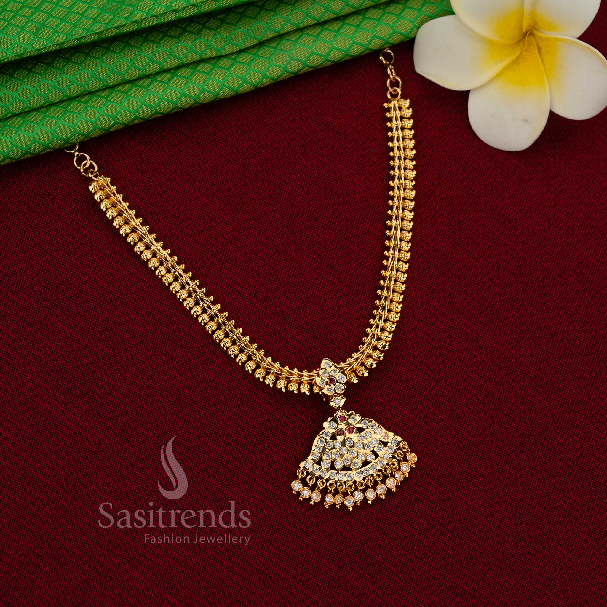 Sasitrends mango chain Impon micro gold plated gati necklace with double layered bead structure and white ruby AD stone studded pendant