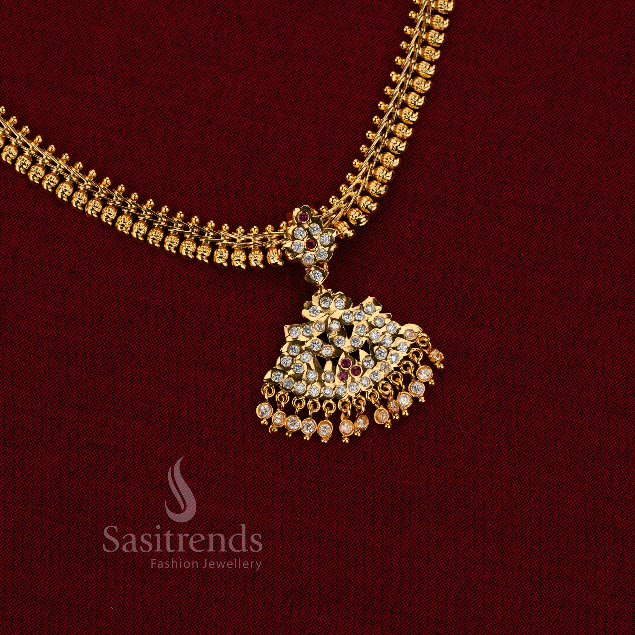 Impon Micro Gold Plated Mango Chain Gati Necklace with Traditional Linked Bead Structure and white ruby AD Stone Studded Pendant | Real Gold Look Jewellery , Sasitrends