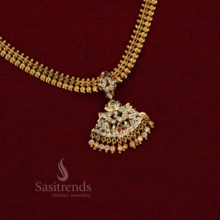 Impon Micro Gold Plated Mango Chain Gati Necklace with Traditional Linked Bead Structure and white ruby AD Stone Studded Pendant | Real Gold Look Jewellery , Sasitrends