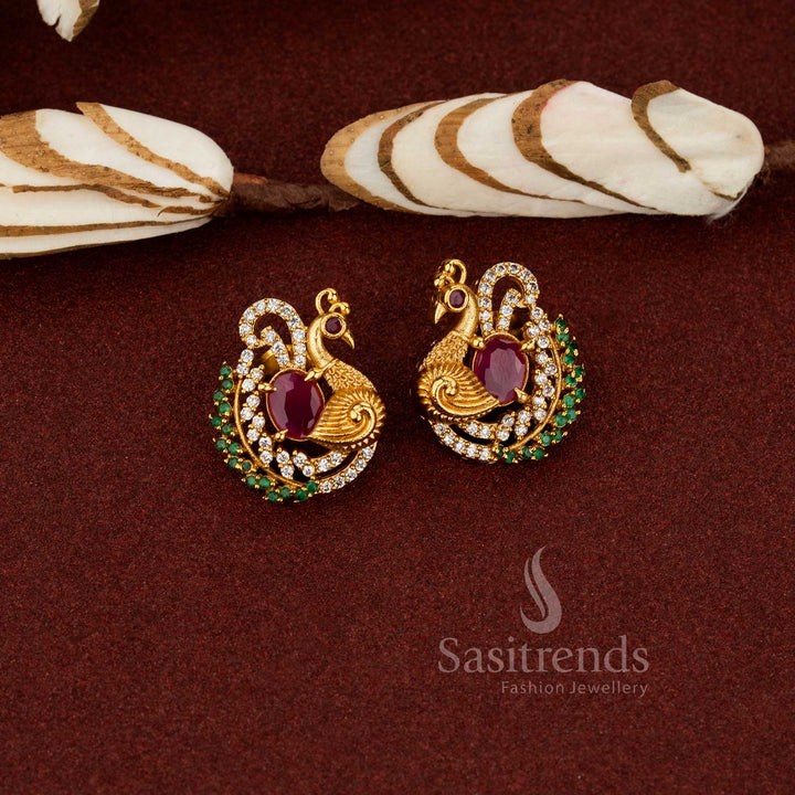 Gorgeous Temple Matte Gold Plated AD Peacock Stud Earrings for Festive Ethnic Wear
