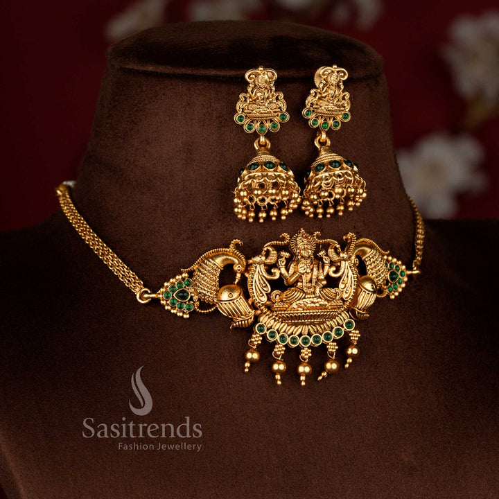 Sasitrends budget friendly bridal matte gold plated green stone peacock Lakshmi structured choker necklace with layered drops