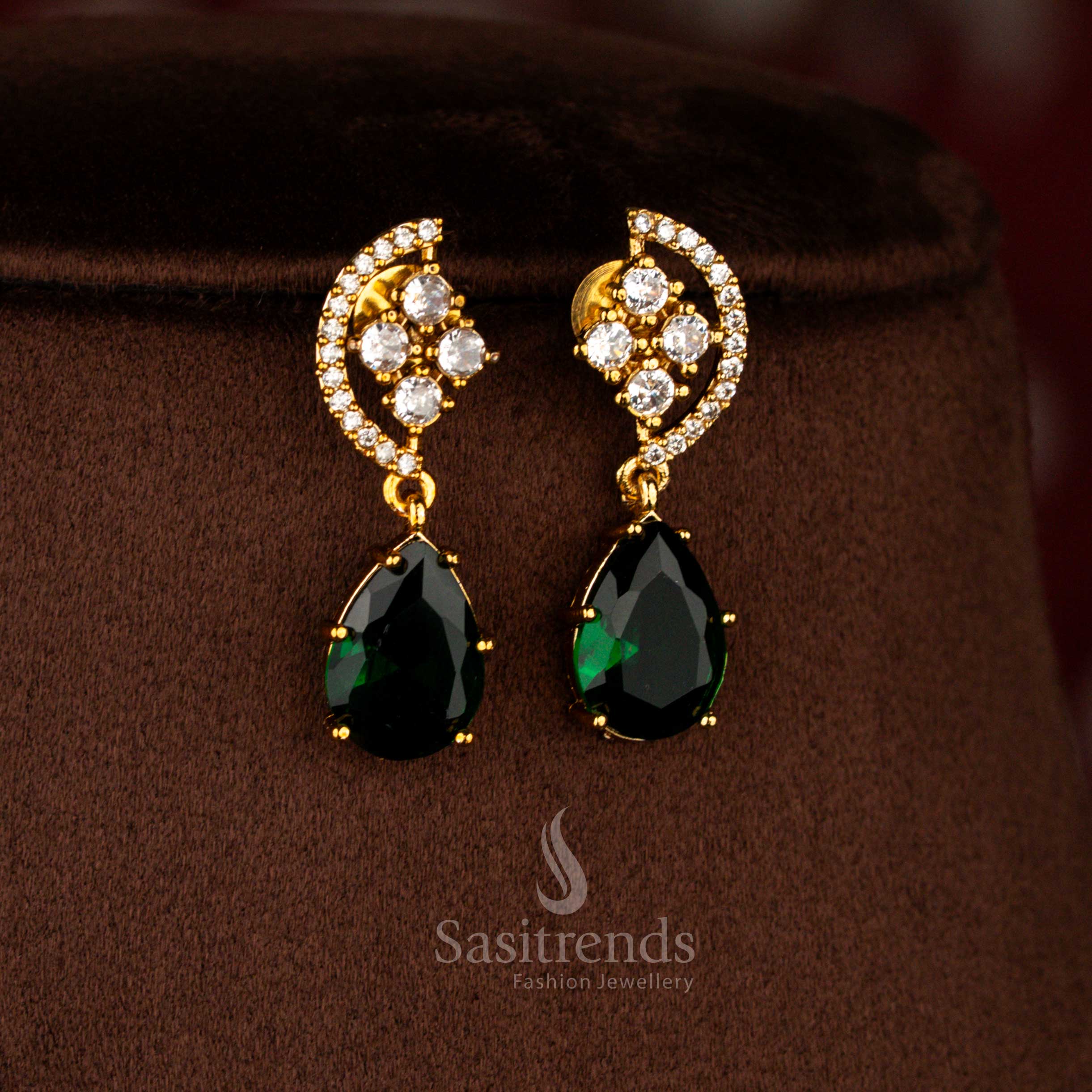 Sasitrends designer Navarathna American Diamond matte gold plated necklace jewellery set with framed teardrop danglers suspended from detailed AD stone chain
