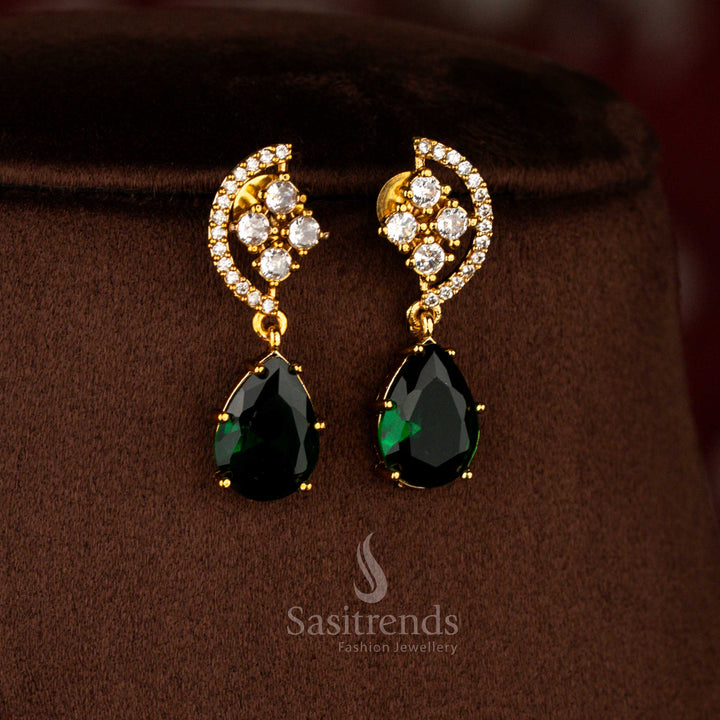 Sasitrends designer Navarathna American Diamond matte gold plated necklace jewellery set with framed teardrop danglers suspended from detailed AD stone chain