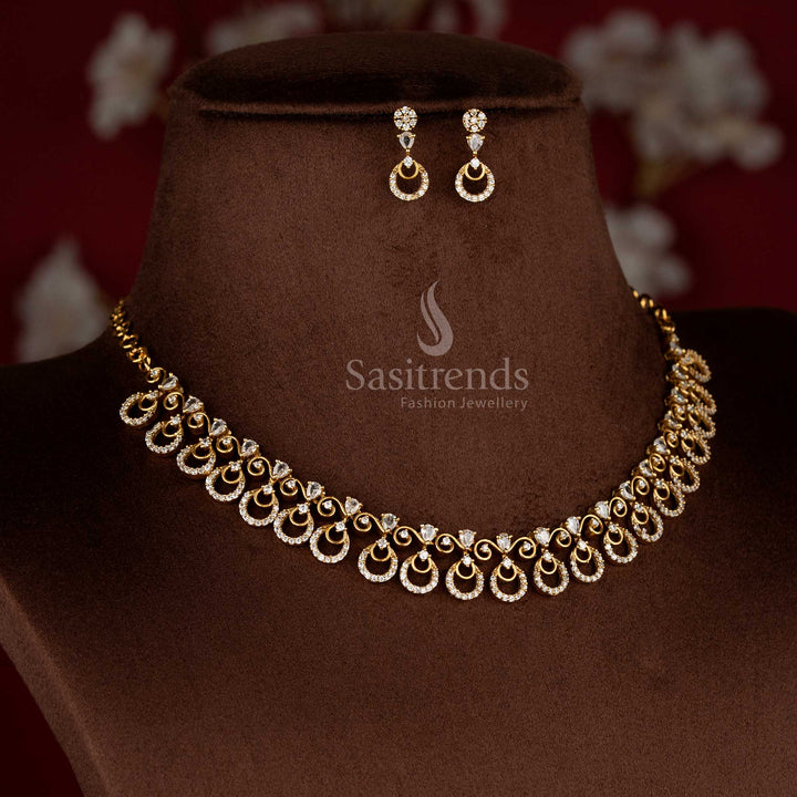 Sasitrends white American Diamond Matte Gold Plated Crescent Moon Motif Designer Necklace Jewellery Set with Coordinated Earrings for Bridal, Festive & Saree Styling