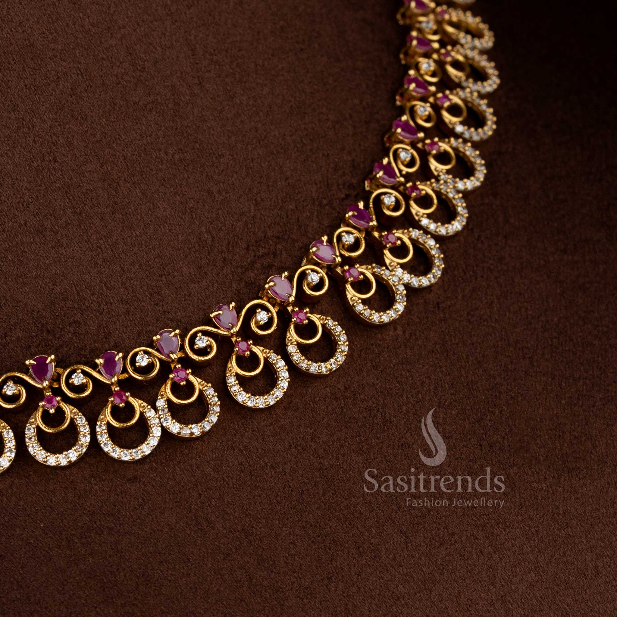 Sasitrends matte gold plated white ruby American Diamond crescent moon motif necklace jewellery set with earrings