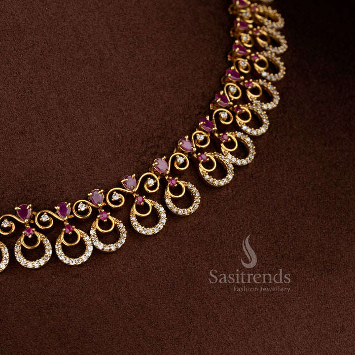 Sasitrends matte gold plated white ruby American Diamond crescent moon motif necklace jewellery set with earrings