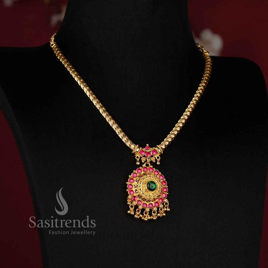 Sasitrends micro gold plated circular medallion rope chain necklace with AD stones