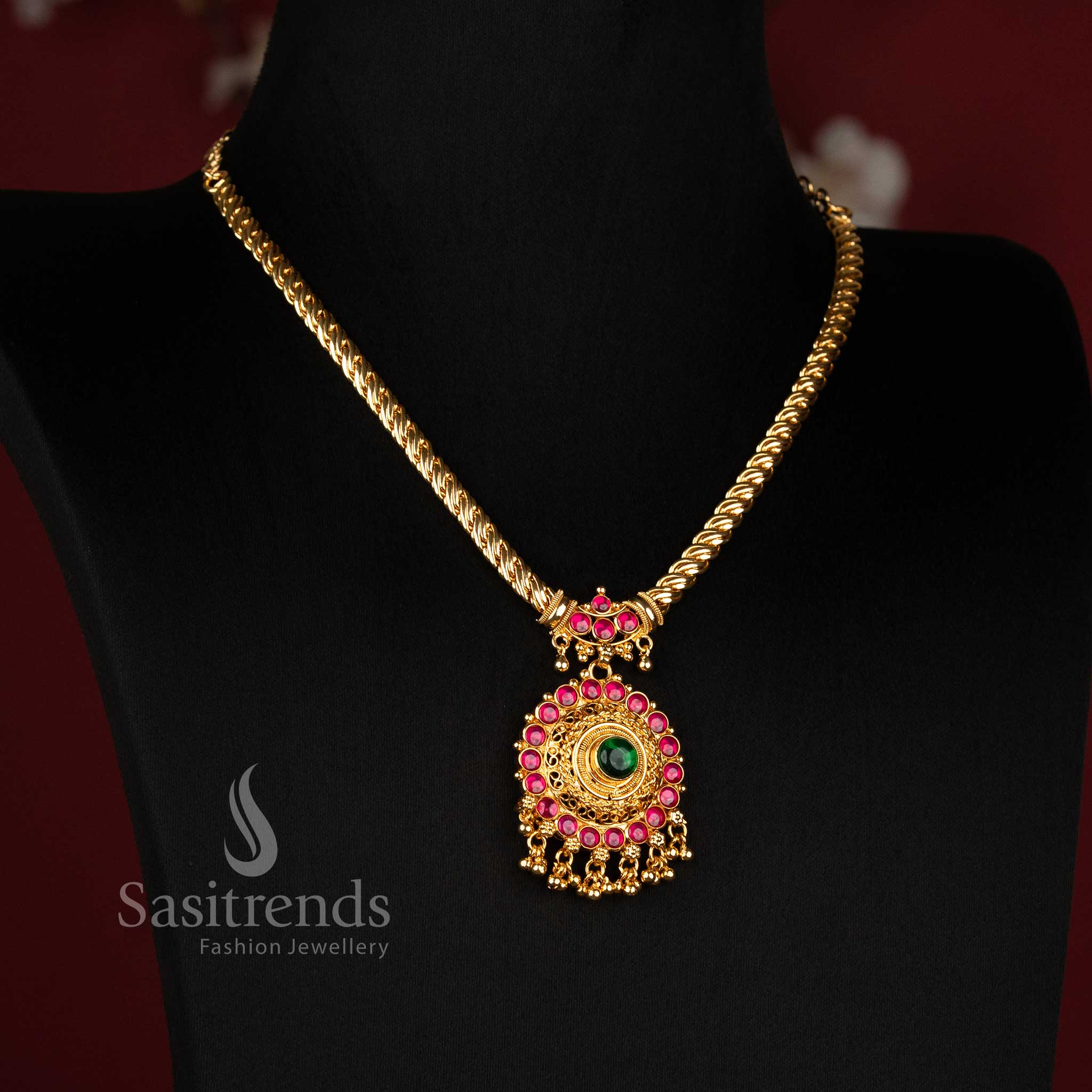 Sasitrends micro gold plated circular medallion rope chain necklace with AD stones