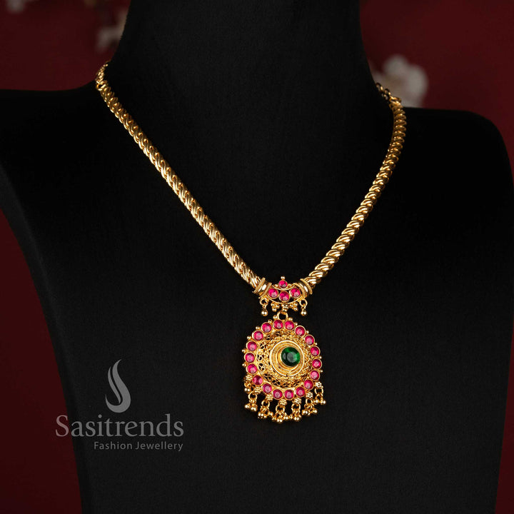 Circular AD Stone Medallion Micro Gold Rope Chain Necklace with Golden Bead Drops For Festive Wear - Sasitrends
