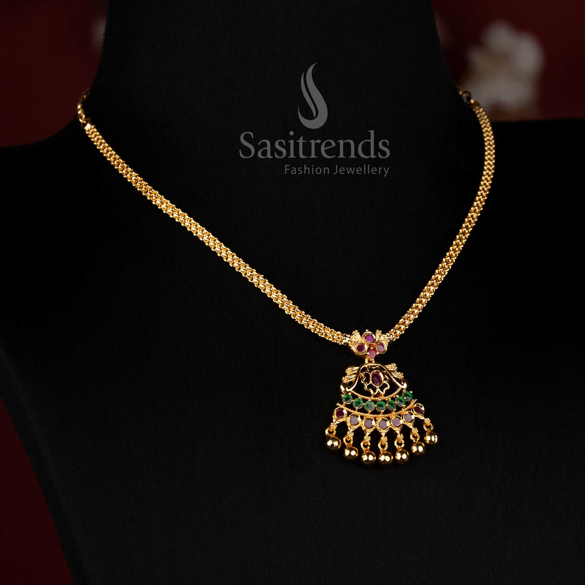 Sasitrends micro gold plated floral ruby green AD stone flexible necklace with elegant gold beads