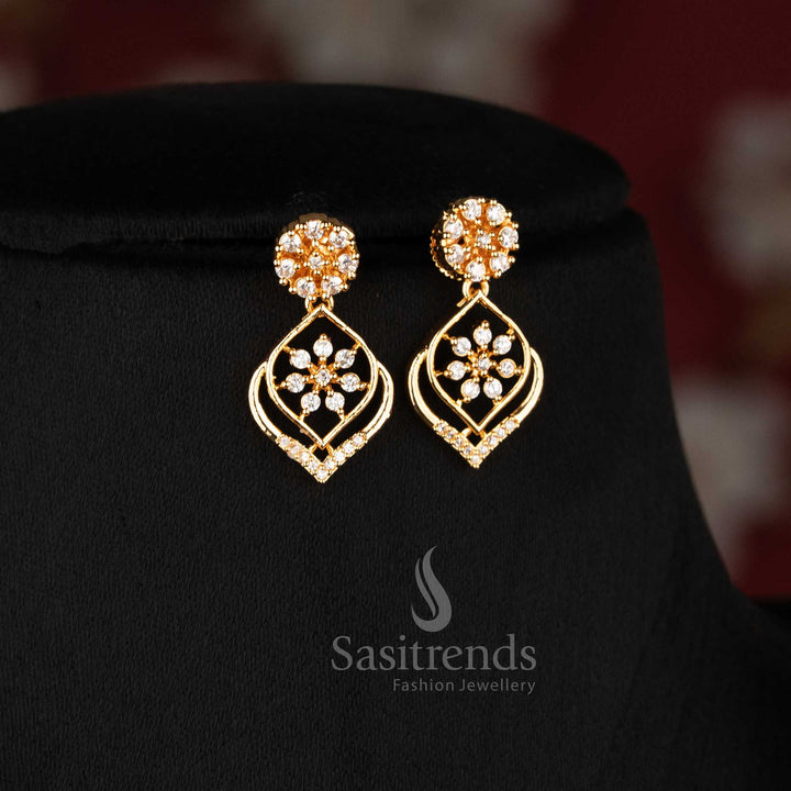Charming Micro Gold Plated American Diamond Floral Link Necklace Jewellery Set with Geometric Drop Design | Perfect for Evening Events & Receptions - Sasitrends