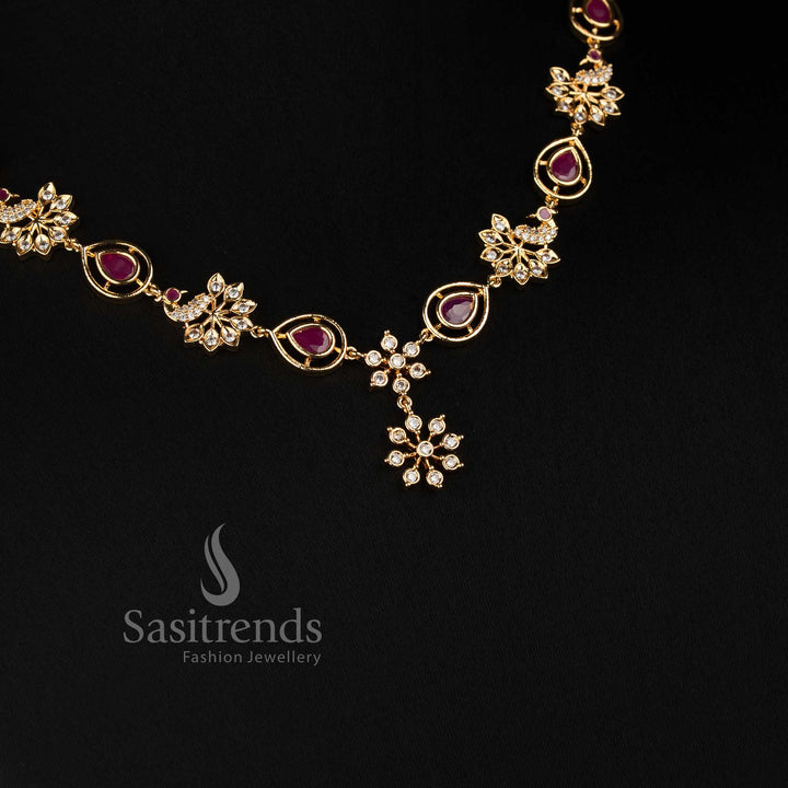 Sasitrends Impon Addigai jewellery set showcasing a structured floral necklace with pear-shaped motifs, AD stone detailing and decorative earrings 