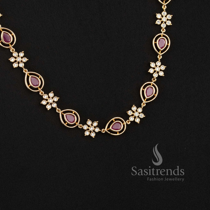 Sasitrends Impon Addigai necklace jewellery featuring delicate floral motifs connected by detailed links with distinctive pear-shaped stone settings 