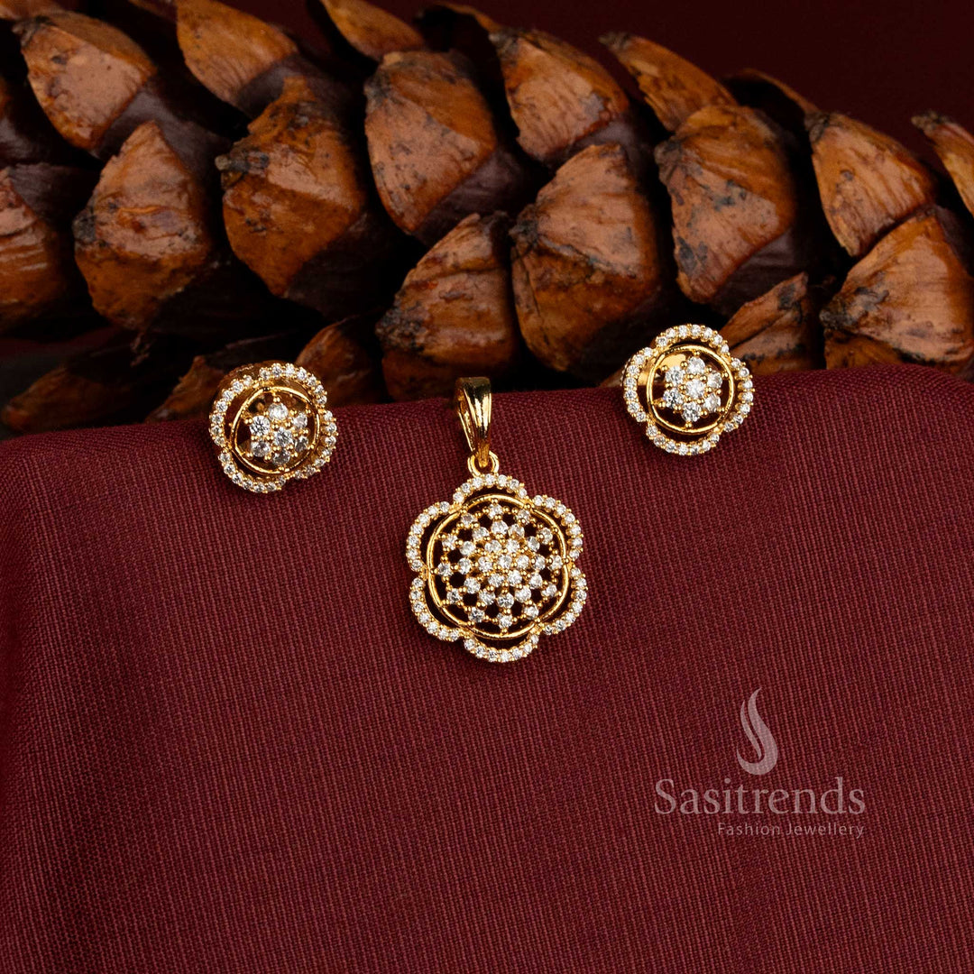Sasitrends Micro Gold Plated American Diamond pendant set with circular floral framework, central stone cluster and detailed border for traditional occasions 