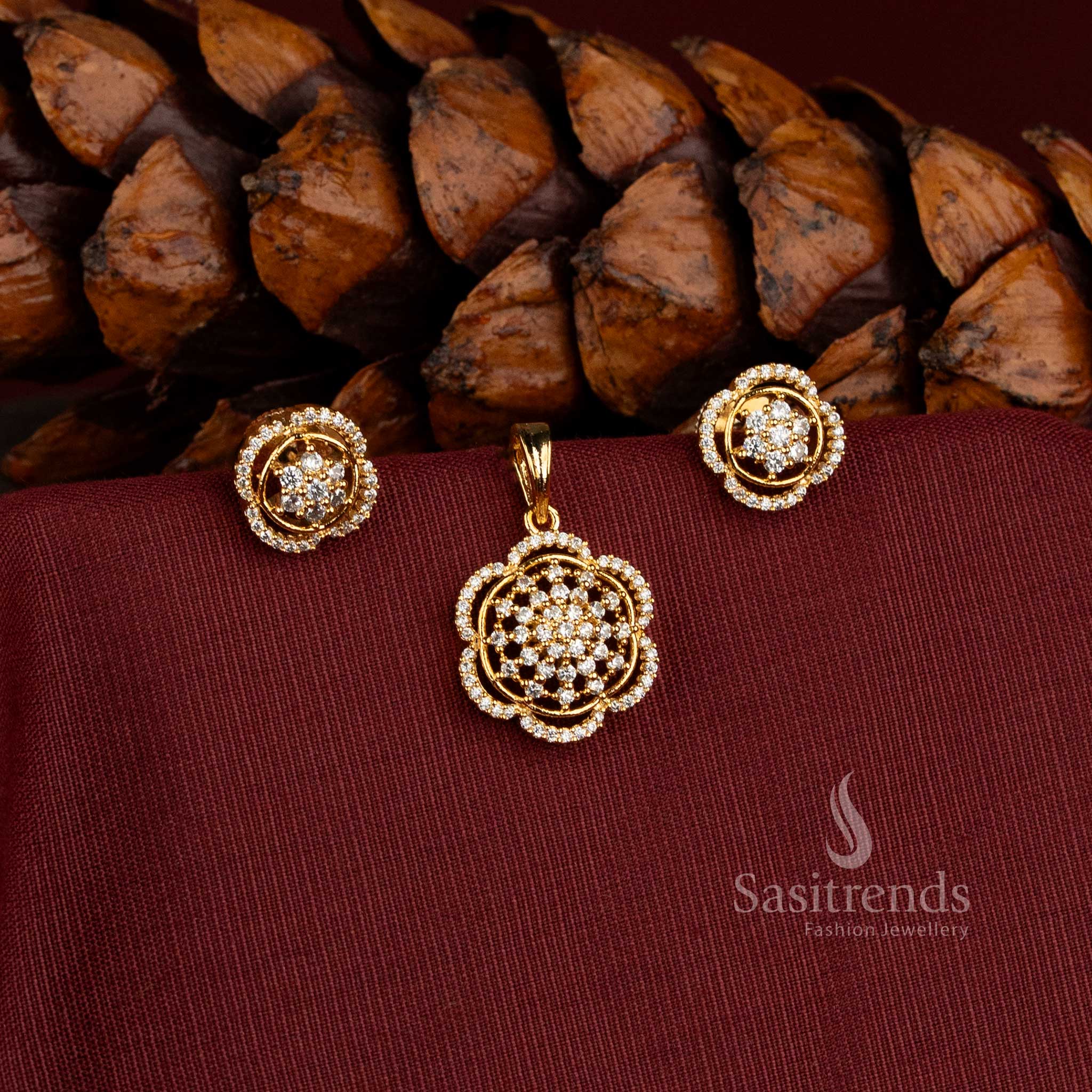 Sasitrends Micro Gold Plated American Diamond pendant set with circular floral framework, central stone cluster and detailed border for traditional occasions 