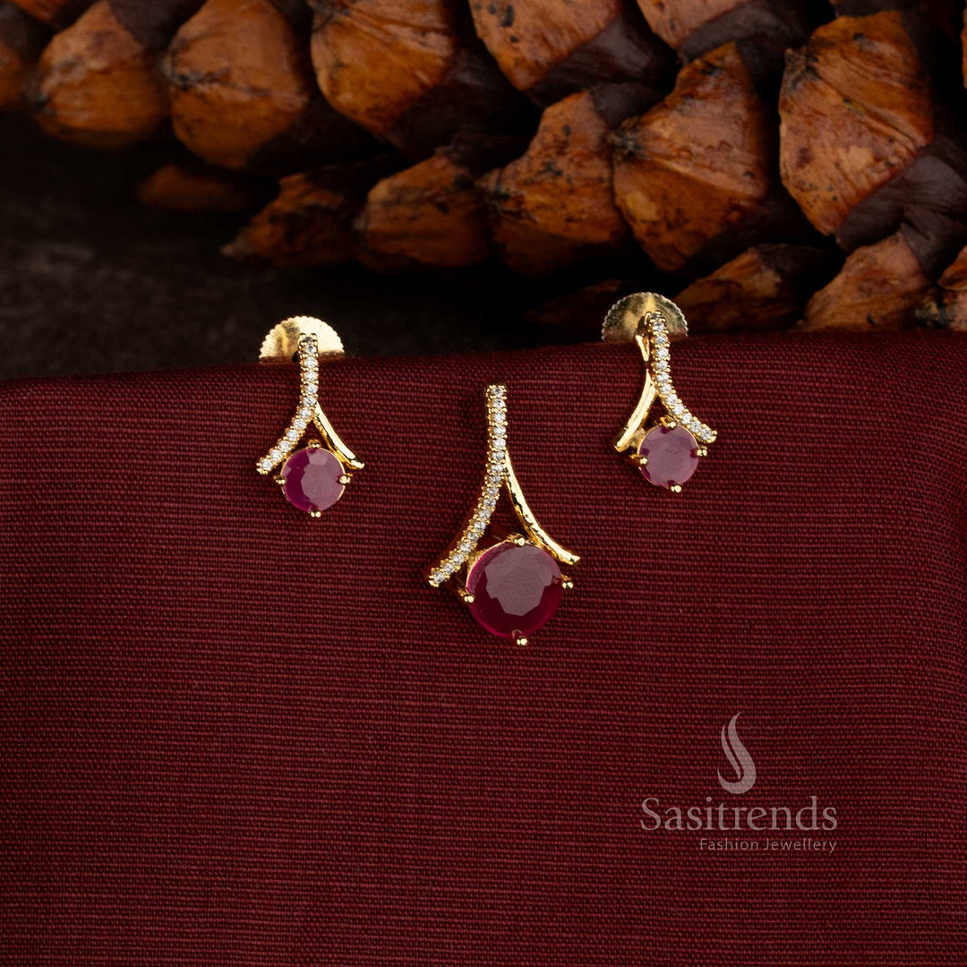 Sasitrends Micro Gold Plated American Diamond pendant set with elegant curved arch design round centre stone and matching earrings