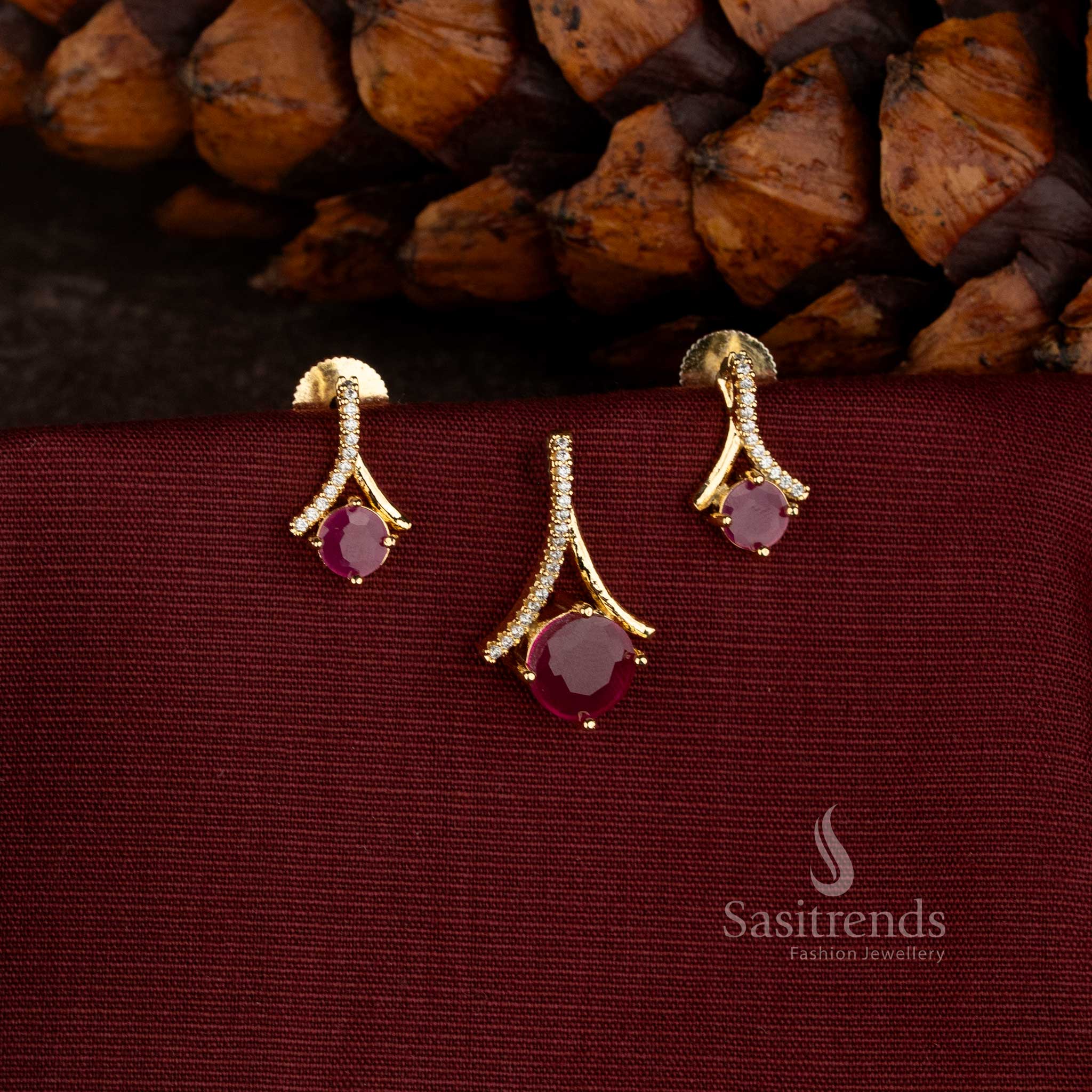 Sasitrends Micro Gold Plated American Diamond pendant set with elegant curved arch design round centre stone and matching earrings