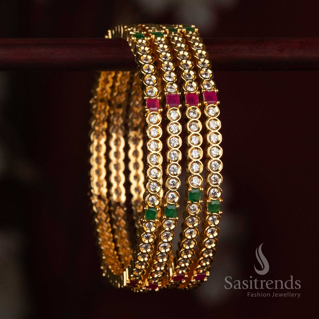 
Sasitrends Micro Gold Plated American Diamond designer bangles with detailed stone arrangement for modern party wear and festive styling
