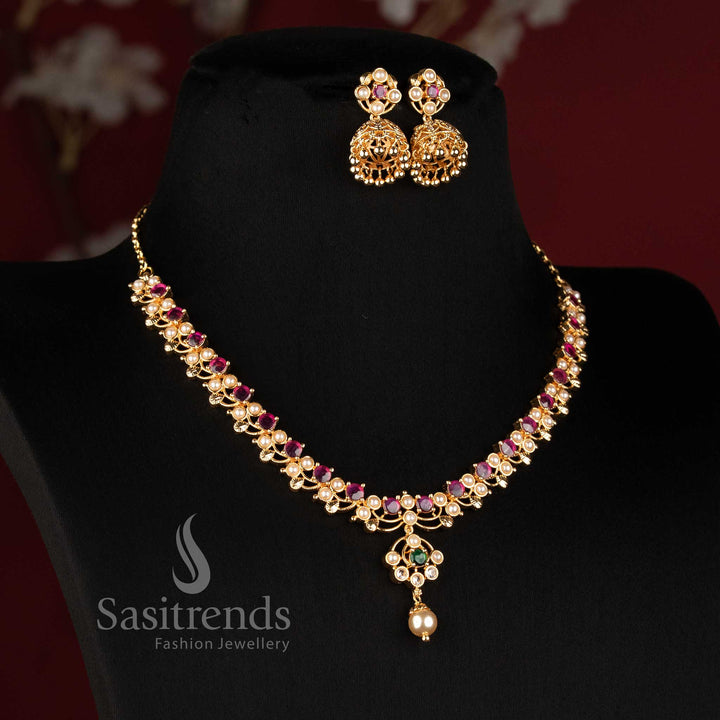 Sasitrends Micro Gold Plated American Diamond floral link necklace with layered statement pendant for party wear 