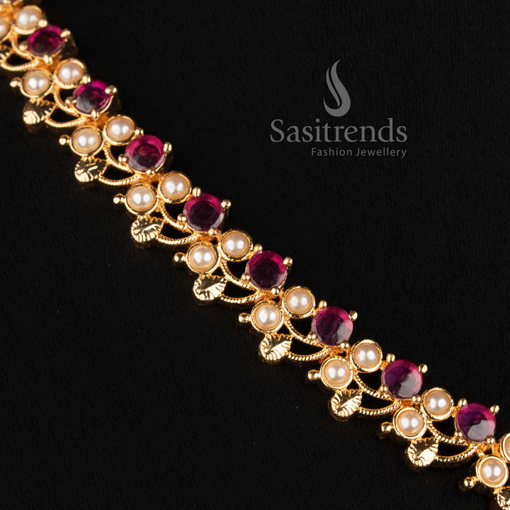 Sasitrends Micro Gold Plated American Diamond necklace featuring repeated floral links and structured statement pendant for festive wear 