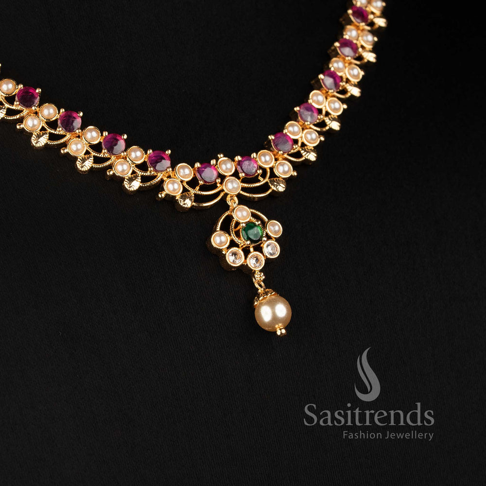 Sasitrends Micro Gold Plated American Diamond floral motif necklace jewellery set for wedding receptions and evening functions 