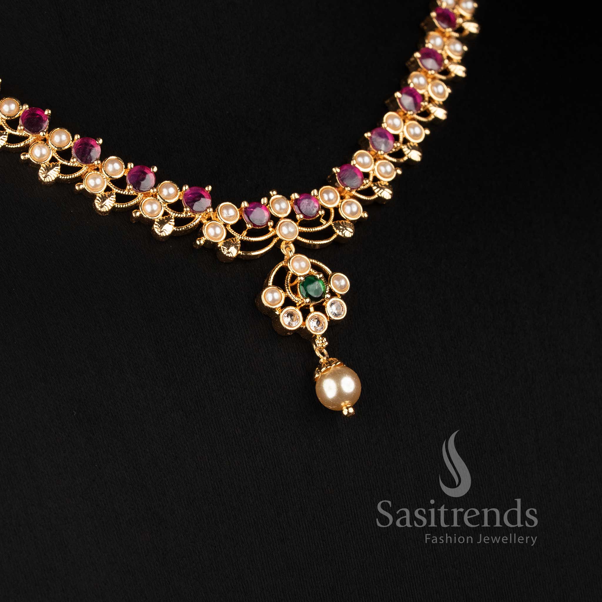 Sasitrends Micro Gold Plated American Diamond floral motif necklace jewellery set for wedding receptions and evening functions 