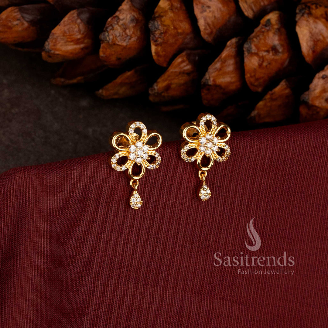 Sasitrends Micro Gold Plated American Diamond floral drop earrings with multi-petal loop structure and teardrop stone dangles for festive wear
