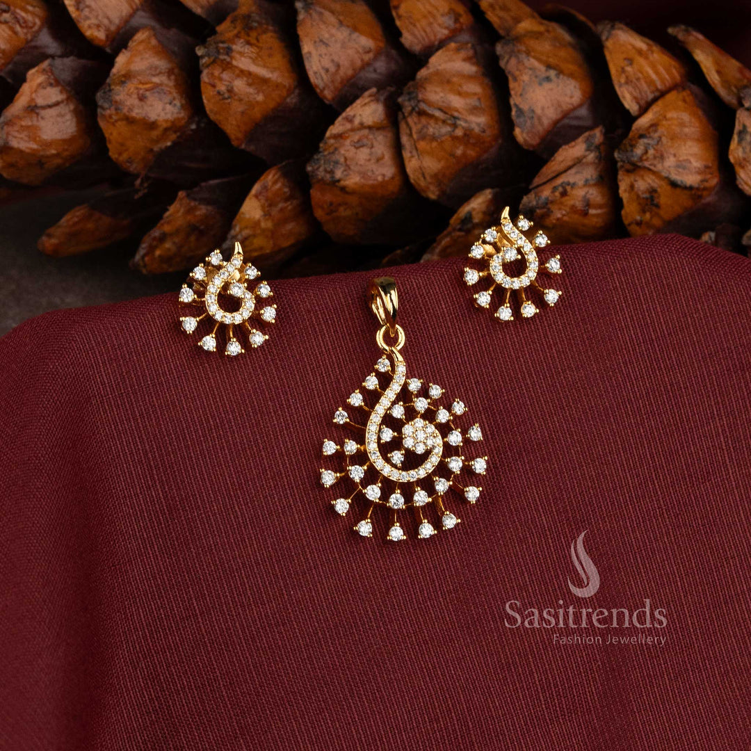 Sasitrends Micro Gold Plated American Diamond floral swirl pendant set with detailed stone-studded pendant for festive and traditional occasion wear 